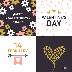 Set of Decorative Floral Frames. Happy Valentines Day Celebration. Vector Design Elements for Greeting Cards. Pink, Golden and Black Colors