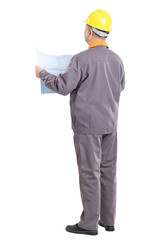 isolated engineer holding blueprint