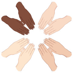 Vector illustration female hands with different skin tones isolated