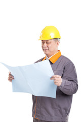 isolated engineer holding blueprint