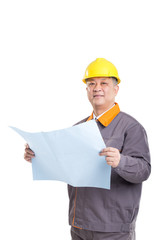 isolated engineer holding blueprint