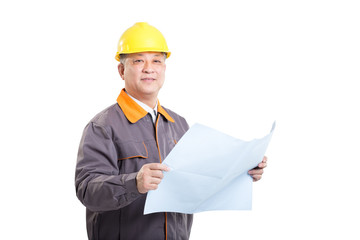 isolated engineer holding blueprint