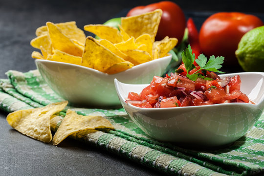 Bowl of fresh salsa with tortilla chips