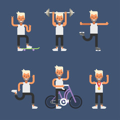 Kinds of Sport. Set of Flat Style Vector Illustrations of Young Men Engaged in Various Sports. Skateboarding, Running, Skating, Fitness, Cycling, Winner