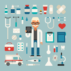 Set of Vector Icons and Illustrations in Flat Design Style. Profession Medicine Doctor. Male Cartoon Character Surrounded by Medical Appliances