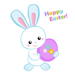 Happy Easter. Cute Easter bunny holding an egg.Vector illustration. Set Isolated separately on white background.