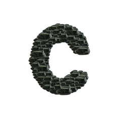 Closeup pile of black stone in C english alphabet isolated on white background