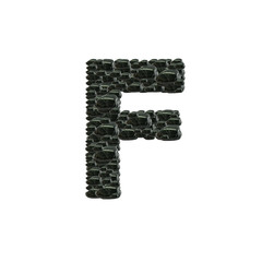 Closeup pile of black stone in F english alphabet isolated on white background