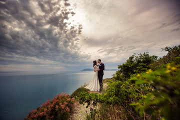 Just Married couple on the background of the sea. Gloomy sky and blue water. Sunset at the sea
