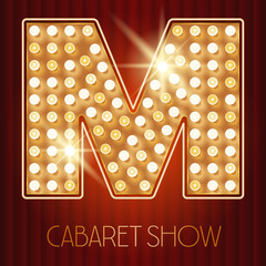 Vector shiny gold lamp alphabet in cabaret show style. Letter M