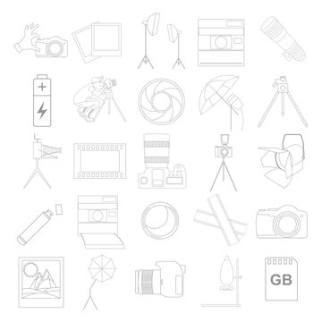 Photography icon set with photo, camera equipment. Outline versi