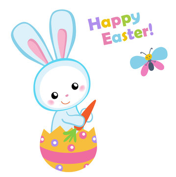 Happy Easter. Cute Easter bunny sitting in a egg. Vector illustration. Set Isolated separately on white background.