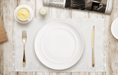 Empty plate on the table waiting for serving. Top view of tablecloth, newspaper, cutting board, coffee.