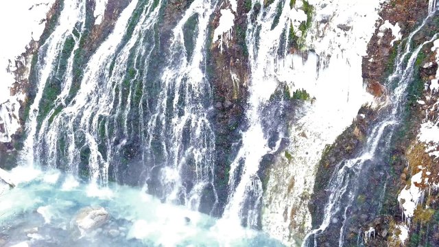 4K footage - The Biei blue river in winter, Biei, Hokkaido, Japan.