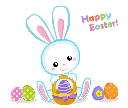 Happy Easter. Cute Easter bunny sitting with a basket. Vector illustration. Set Isolated separately on white background