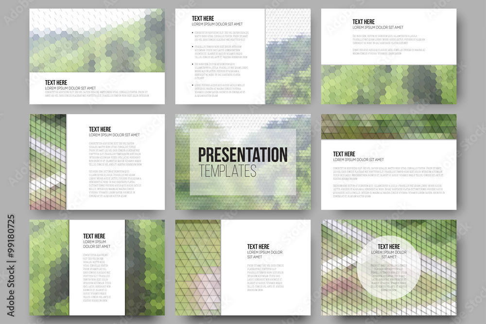Poster set of 9 templates for presentation slides. nature landscape. abstract multicolored backgrounds. nat