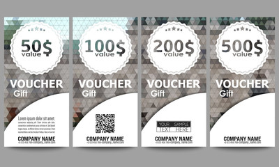 Set of modern gift voucher templates. Polygonal design vector, colorful geometric triangular backgrounds