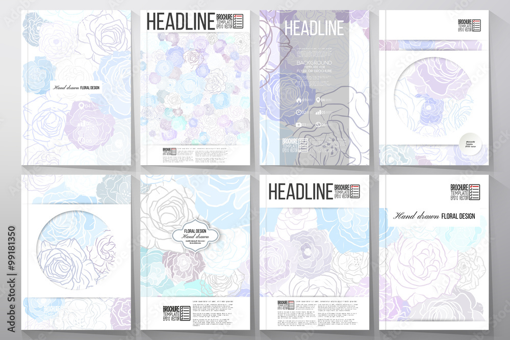 Sticker set of 9 templates for presentation slides. hand drawn floral doodle pattern, abstract vector backgr