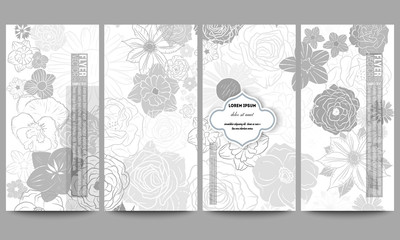Set of modern flyers. Hand drawn floral doodle pattern, abstract vector background