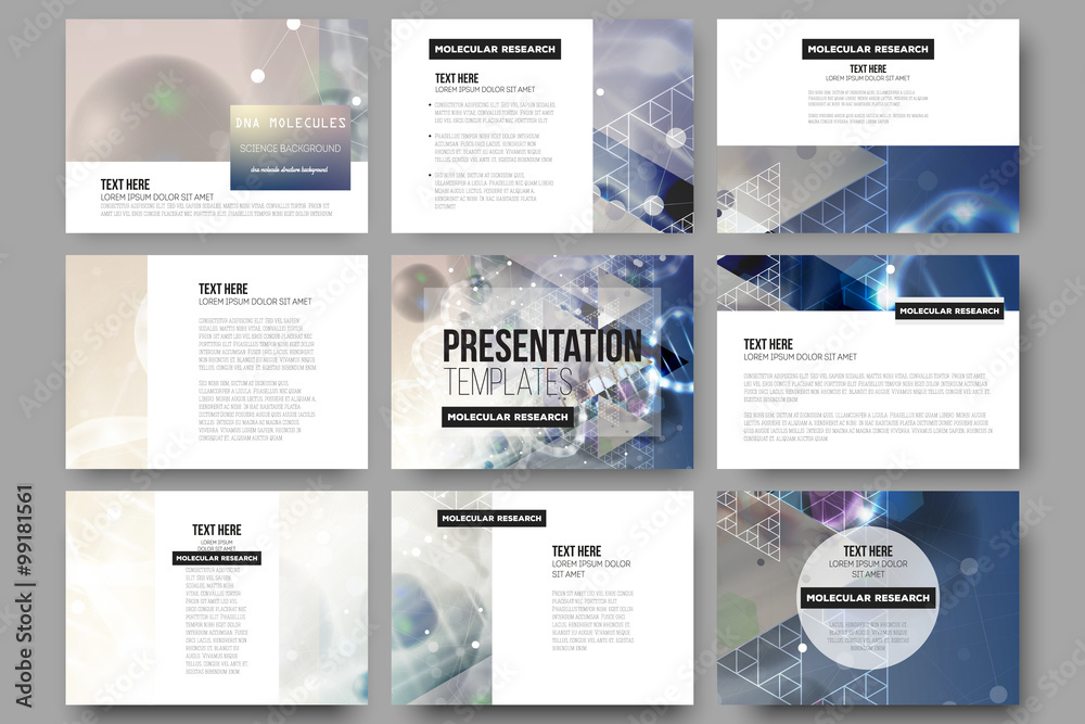 Poster set of 9 vector templates for presentation slides. dna molecule structure on blue background