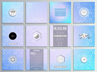 Set of 12 creative cards, square brochure template design. Abstract white circles on light blue background, vector illustration