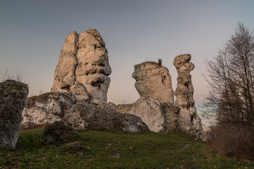 Limestone rocks in Jura Krakowsko-Czestochowska, Poland, at evening