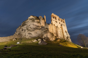 Ruins of medieval castle in Ogrodzieniec, Poland, illuminated in the night