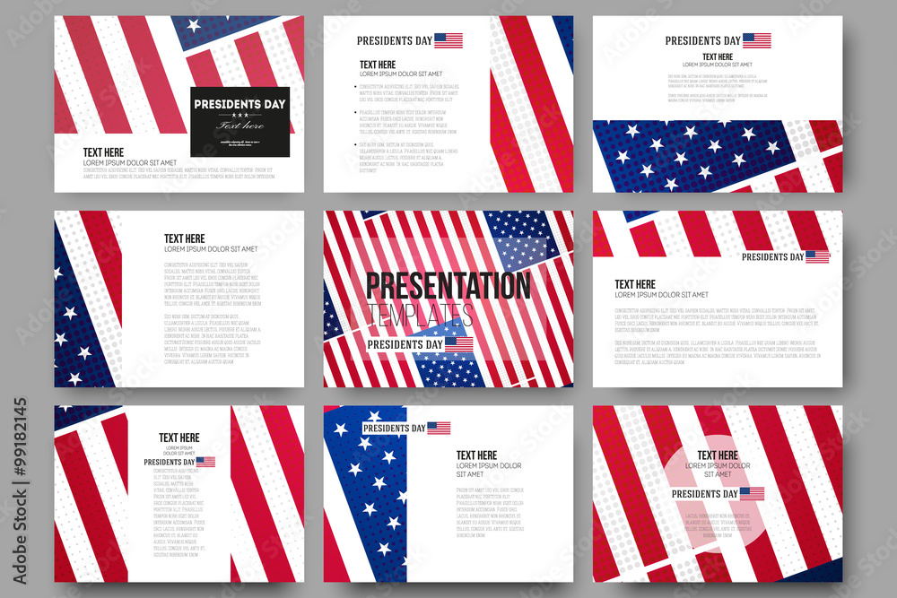 Wall mural set of 9 vector templates for presentation slides. presidents day background, abstract poster with a