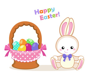 Happy Easter. Cute Easter bunny sitting with a basket. Vector illustration. Set Isolated separately on white background