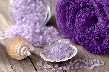 Obraz na płótnie Canvas Spa still life with bath salt and mussel shell