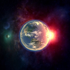 Planet Erde im Weltraum mit Mond, Atmosphäre und Sonnenlicht