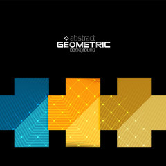 Colorful geometric shapes with texture on black. Modern futuristic abstract design template