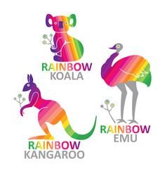 Kangaroo, emu, koala - vector design template colors of rainbow.