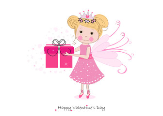 Cute fairy tale holding gift box valentine day greeting card