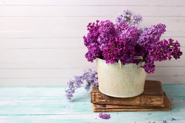 Background  with fresh lilac flowers in bowl