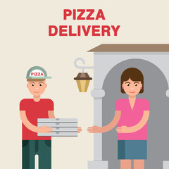 Delivery boy with cardboard pizza boxes giving order to customer