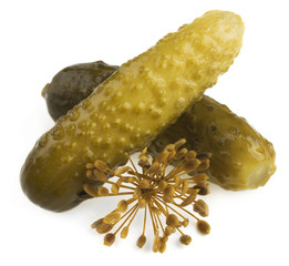 Pickled cucumbers on white background