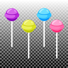 Sweet lollypop candy set. Colorful sugar canes. Celebration card elements. Isolated round lollipop collection.