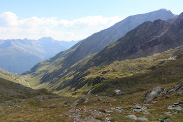 Alpine hut Eisseeh&uuml;tte and mountain panorama in Hohe Tauern Alps, Austria