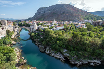 Fototapeta na wymiar Aerial view on Mostar city with Old Bridge, Bosnia and Herzegovina