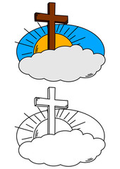 Cross on a cloud and the sun as a coloring for kids - vector svg