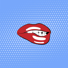 Woman biting lips with red lipstick. Vector halftone background