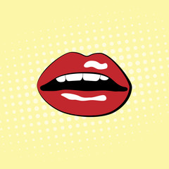 Red lips with teeth. Pop-art background