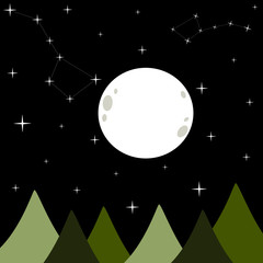 big white full moon in a black dark starry night vector background illustration with ursa bear constellation