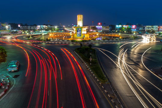 Srakeaw traffic circle landmark of lopburi city in twilight time