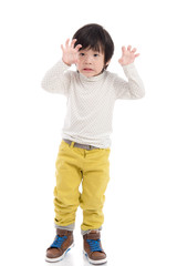 Cute asian boy reaching hands