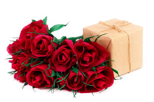 Paper red roses and gift for Valentine's Day