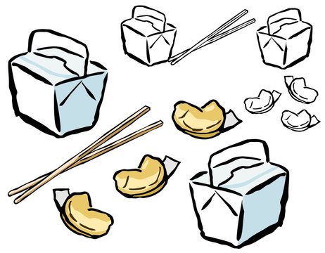 Fortune cookies, chopsticks, and carry out boxes 