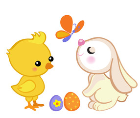 Happy Easter. Cute Easter bunny and a cute chick. Vector illustration. Set Isolated separately on white background.