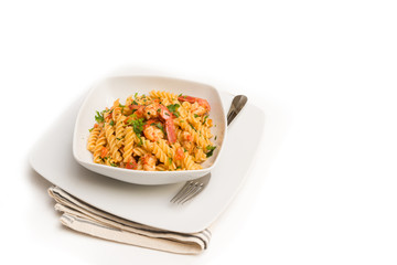 Fusilli ai gamberi e pomodoro, pasta with shrimps and tomato sauce
